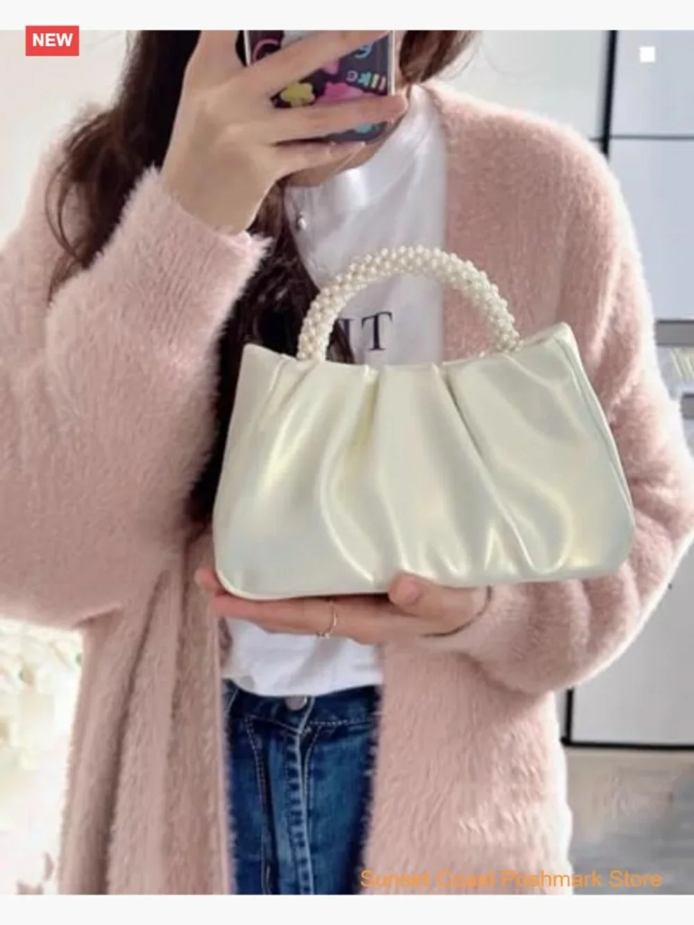 Small Pearl Leather Ruched Evening Clutch Purse with Crossbody Strap
